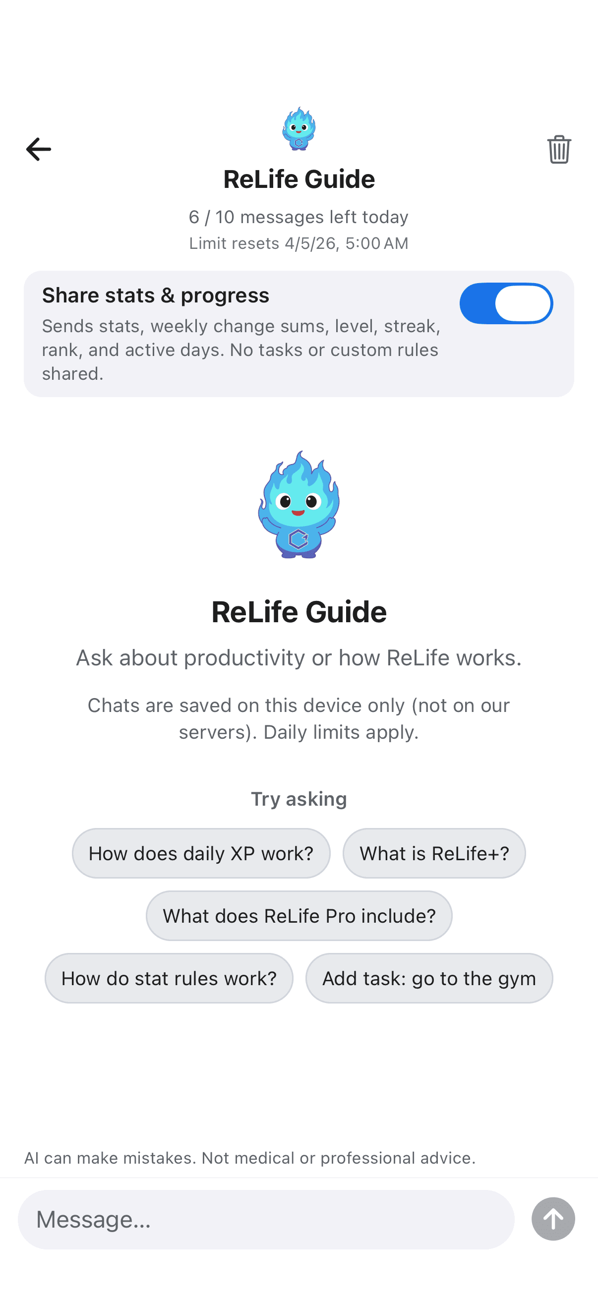 ReLife iPhone screenshot: AI Guide chat for productivity tips