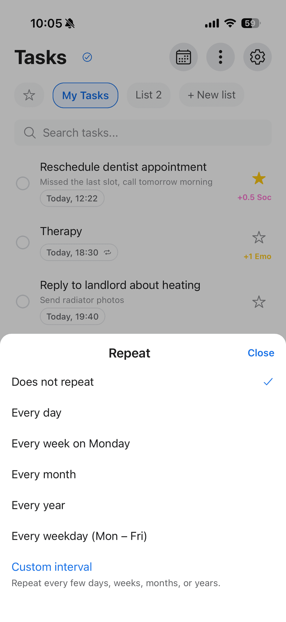 ReLife iPhone screenshot: habits list and weekly rhythm