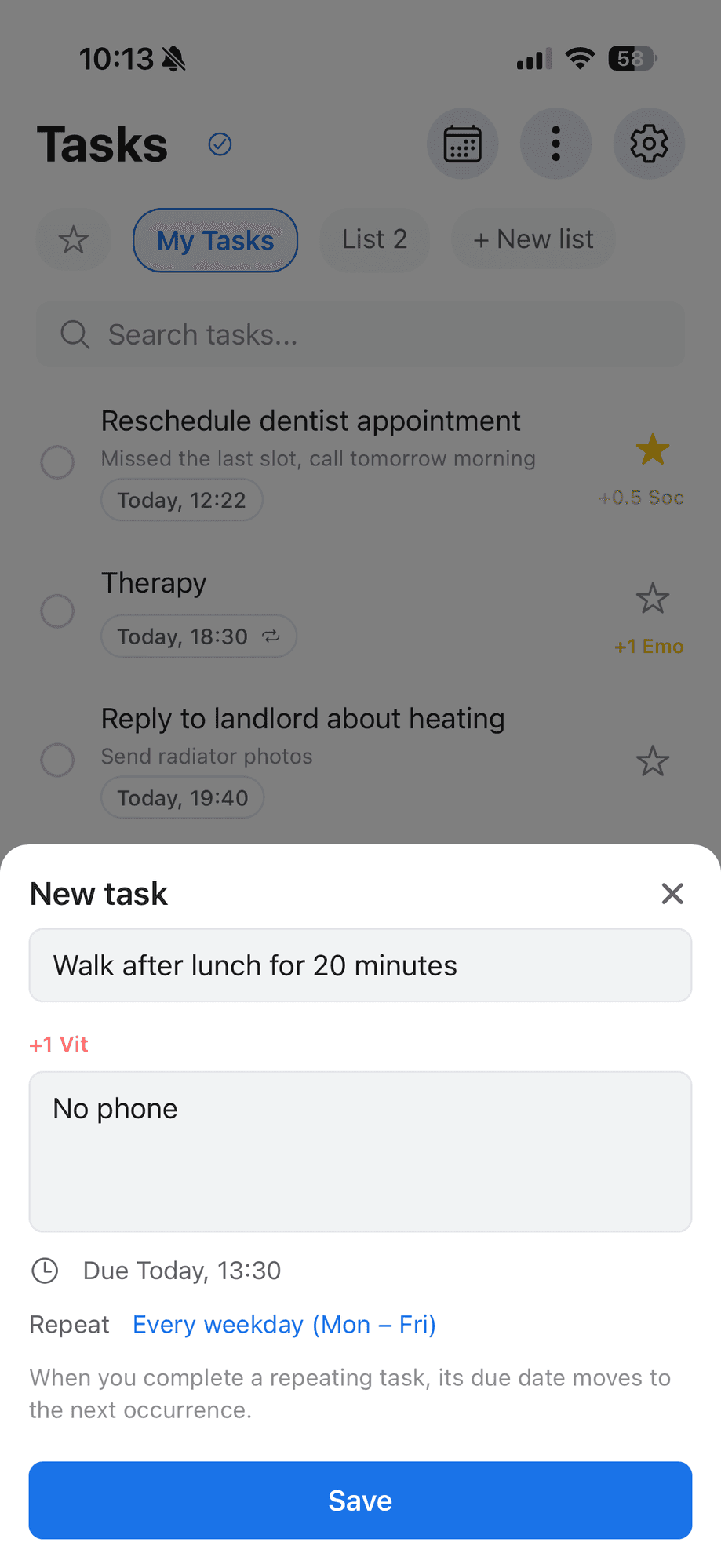 ReLife iPhone screenshot: quick-add sheet to capture a new task quickly