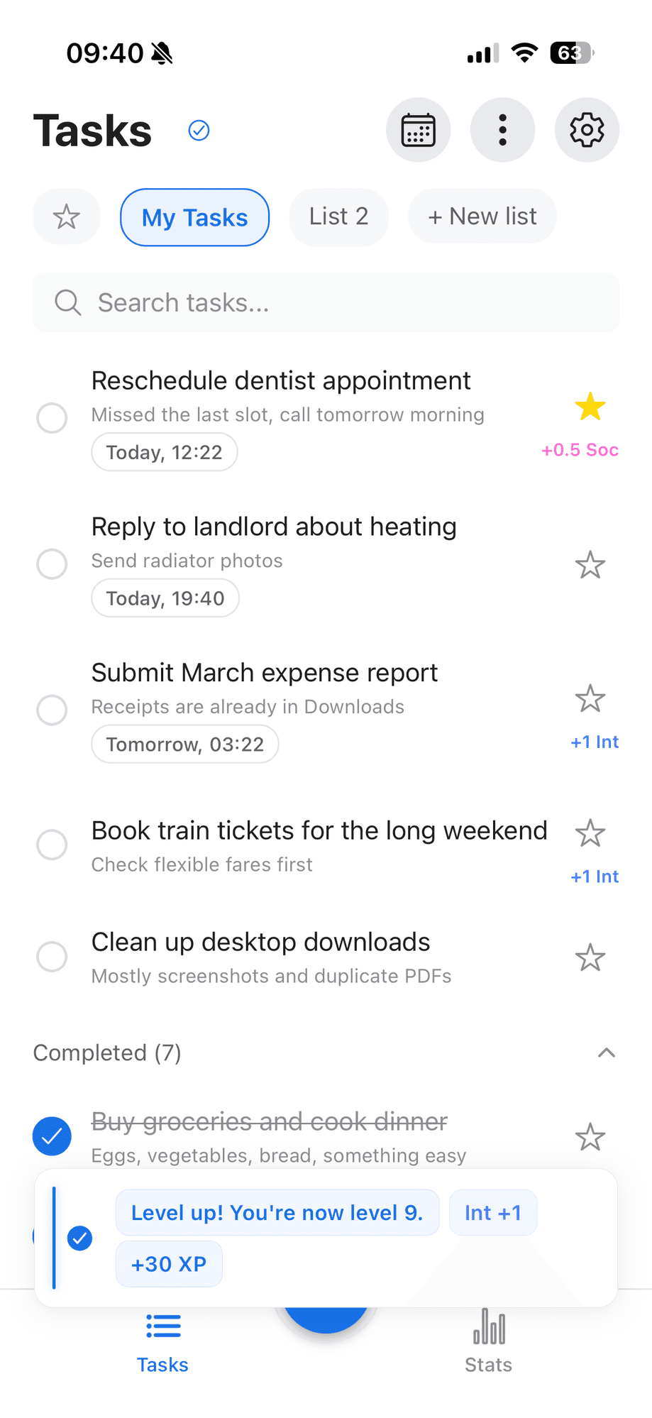 ReLife app on iPhone showing tasks and daily list with XP
