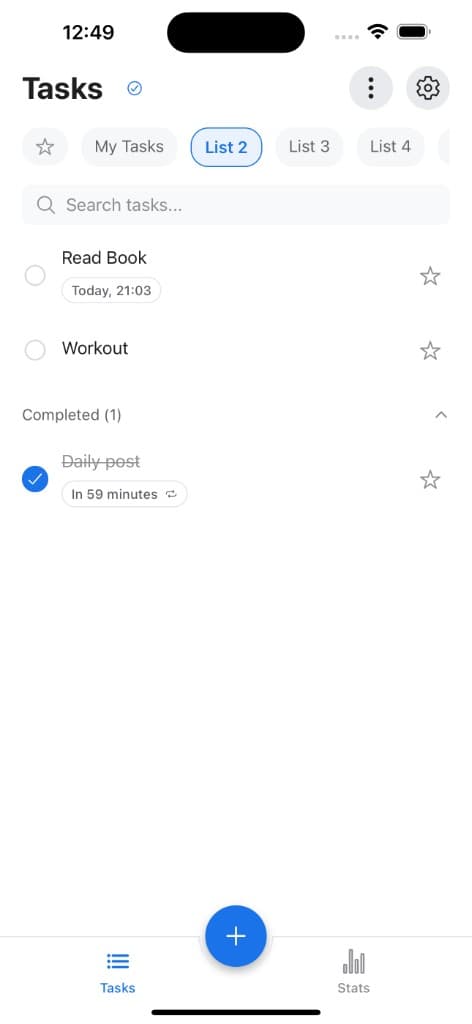 ReLife tasks screen with lists, search, and due dates for daily quests